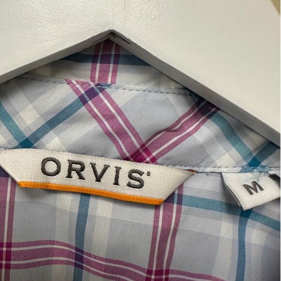 ORVIS Size Medium Women’s Checkered Button Down Tee Shirt Pink Blue Short Sleeve - Picture 2 of 13
